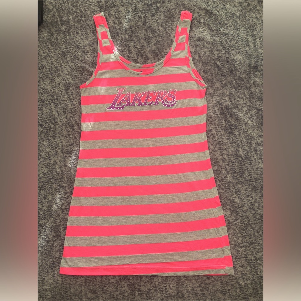 Los Angeles Lakers Hot Pink & Gray Striped Tank Top L